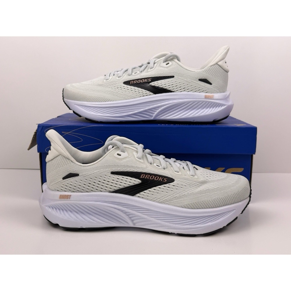Brooks Ghost 18 Running Shoes Women's Sz 6 D Wide White/Black/Rose Gold 120482
